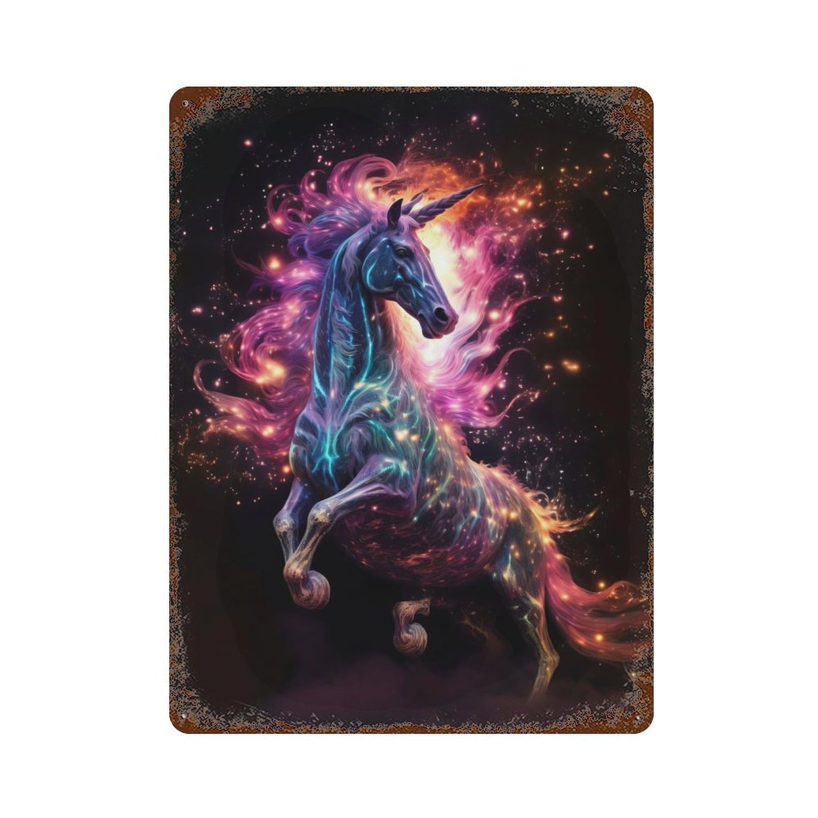 Neon Unicorn Loves Nebulae Rust Effect Tin Sign 15.7"x11.8", Industrial Home Decor for Garage, Bar And Workshop Decor