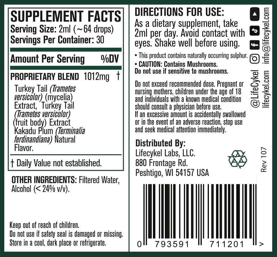 Life Cykel -Turkey Tail Mushroom Liquid Extract Kakadu Plum- 100% Organic Turkey Tail Mushrooms-Immune Support Supplement Immune Defense Antioxidants Vitamin C Made in US, 2 Fl oz(Packaging May Vary) - Image 5