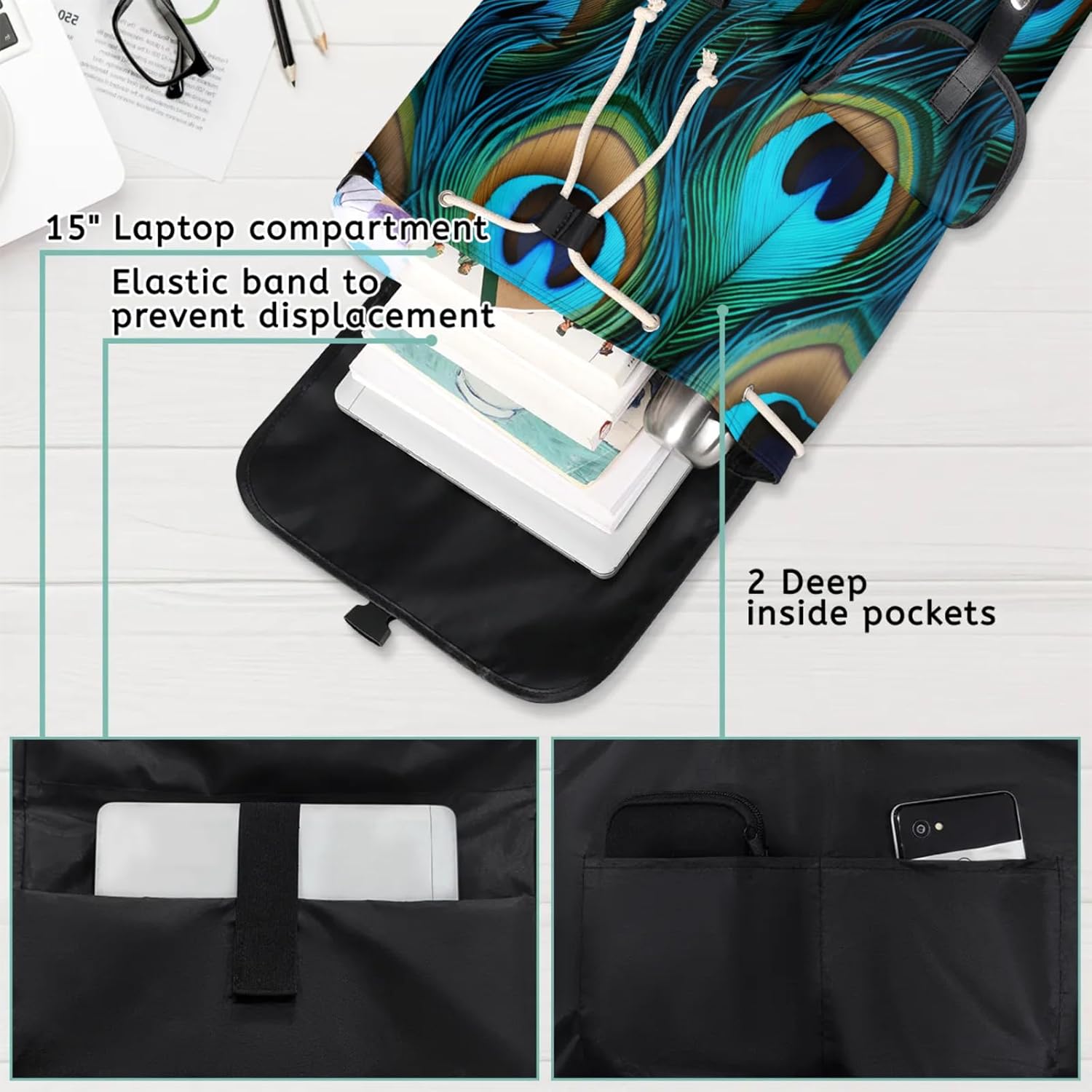 Laptop Backpacks Attractive Peacock Feathers Travel Backpack for Women Work Backpack Computer Bag for Business Travel Fits 15 Inch Laptop