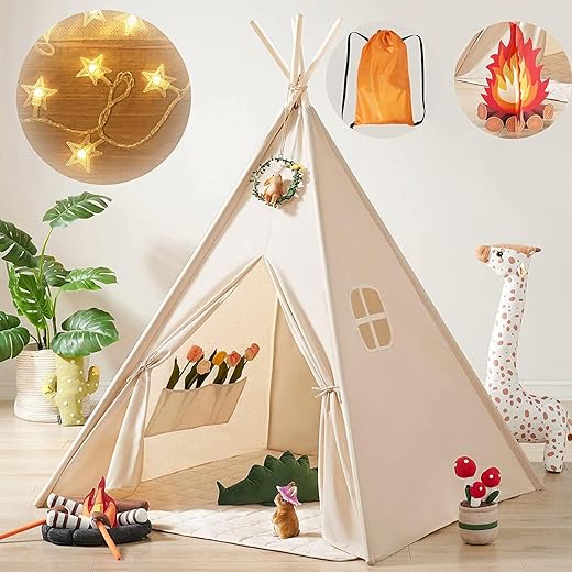 Kids-Teepee-Tent with Lights & Campfire Toy & Carry Case, Natural Cotton Canvas Toddler Tent - Washable Foldable Teepee Tent for Kids Indoor Tent, Outdoor Play Tent for Girls & Boys