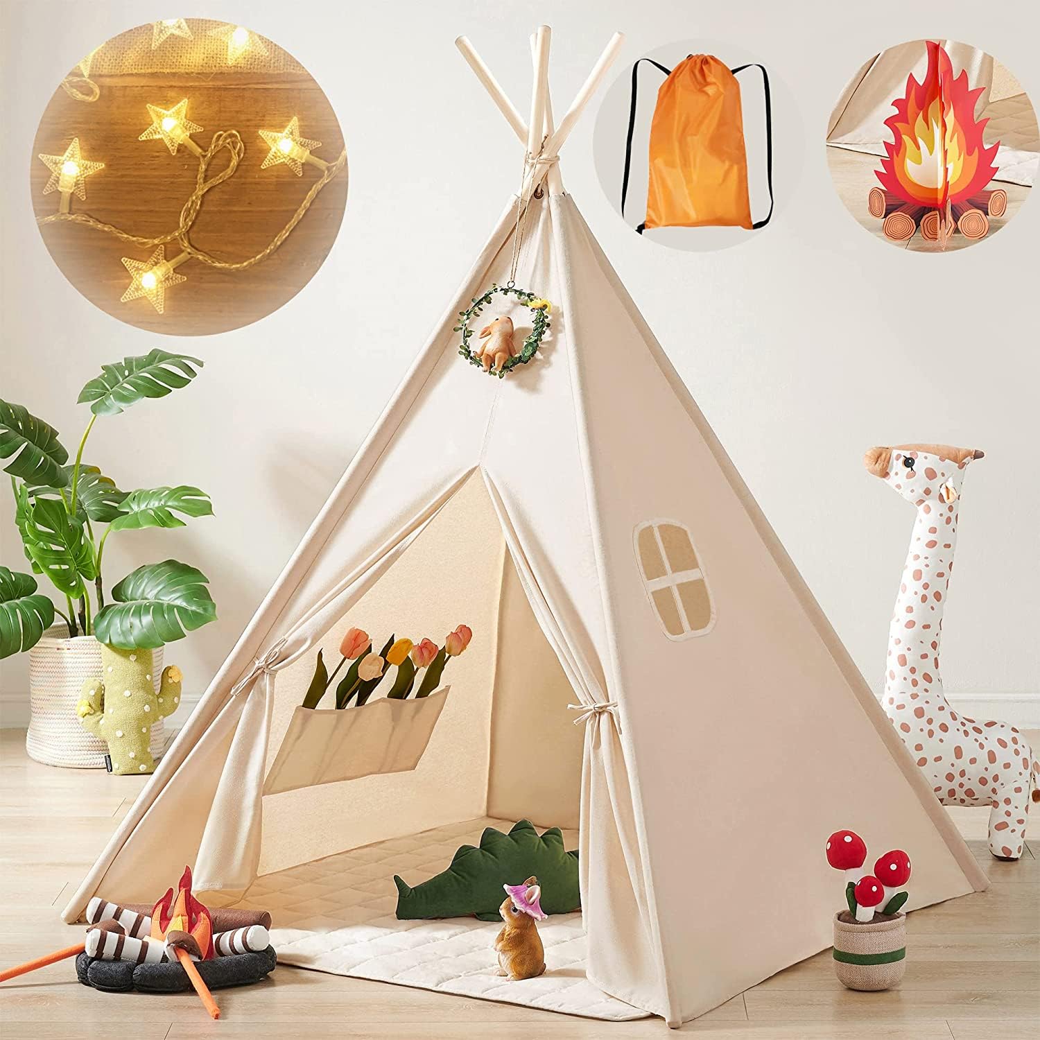 Tiny Land Kids-Teepee-Tent with Lights & Campfire Toy & Carry Case, Foldable Kids Tent, Canvas Toddler Tent - Washable Teepee Tent for Kids Indoor Tent, Outdoor Play Tent for Girls & Boys, Off-white