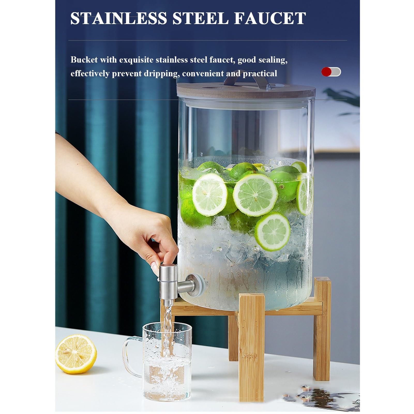 Distributore di bevande in vetro, distributore di bevande fredde con rubinetto e supporto in legno, coperchio in legno con maniglia in acciaio inossidabile, per feste, bar, ristoranti (oro, 5L)
