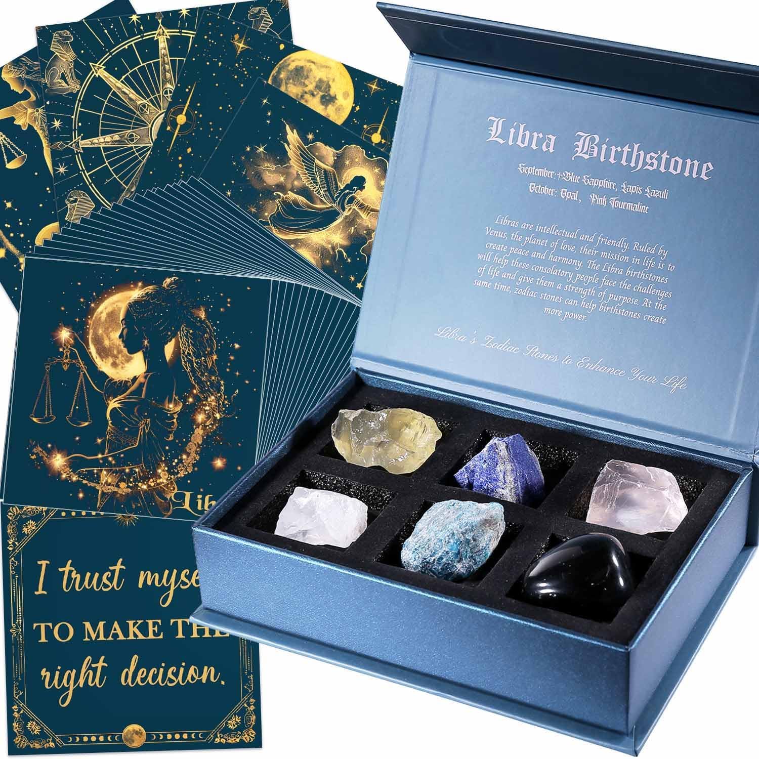 Faivykyd Libra Crystals Gift - 6 Libra Zodiac Natural Stones w/ 50 Miracle Mantras Affirmation Cards, Healing Astrology Gifts for Promoting Positive Energy, Self-Care, Love & Wealth