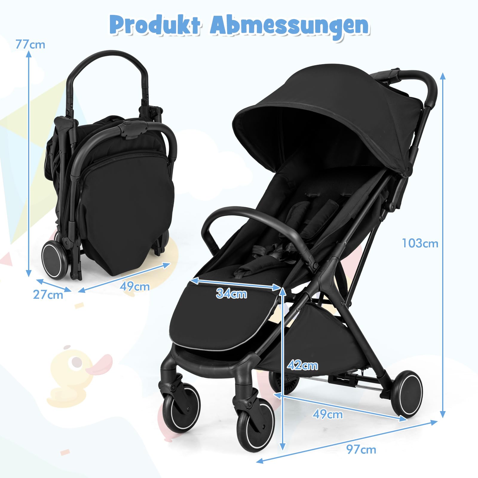 COSTWAY Kinderwagen klappbar, Reisebuggy mit Liegefunktion, Kinderbuggy tragbar mit verstellbarer Rückenlehne, Verdeck & Fußstütze, Babywagen mit Sicherheitsgurt bis 15 kg Belastbar (Schwarz)