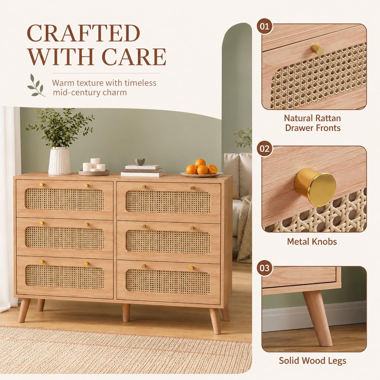 Commode à 6 tiroirs en Bois Style Nordique, Commode de Rangement avec Panneaux en rotin, Commode Chambre Adulte, Couleur Bois Naturel,100x34x73 cm