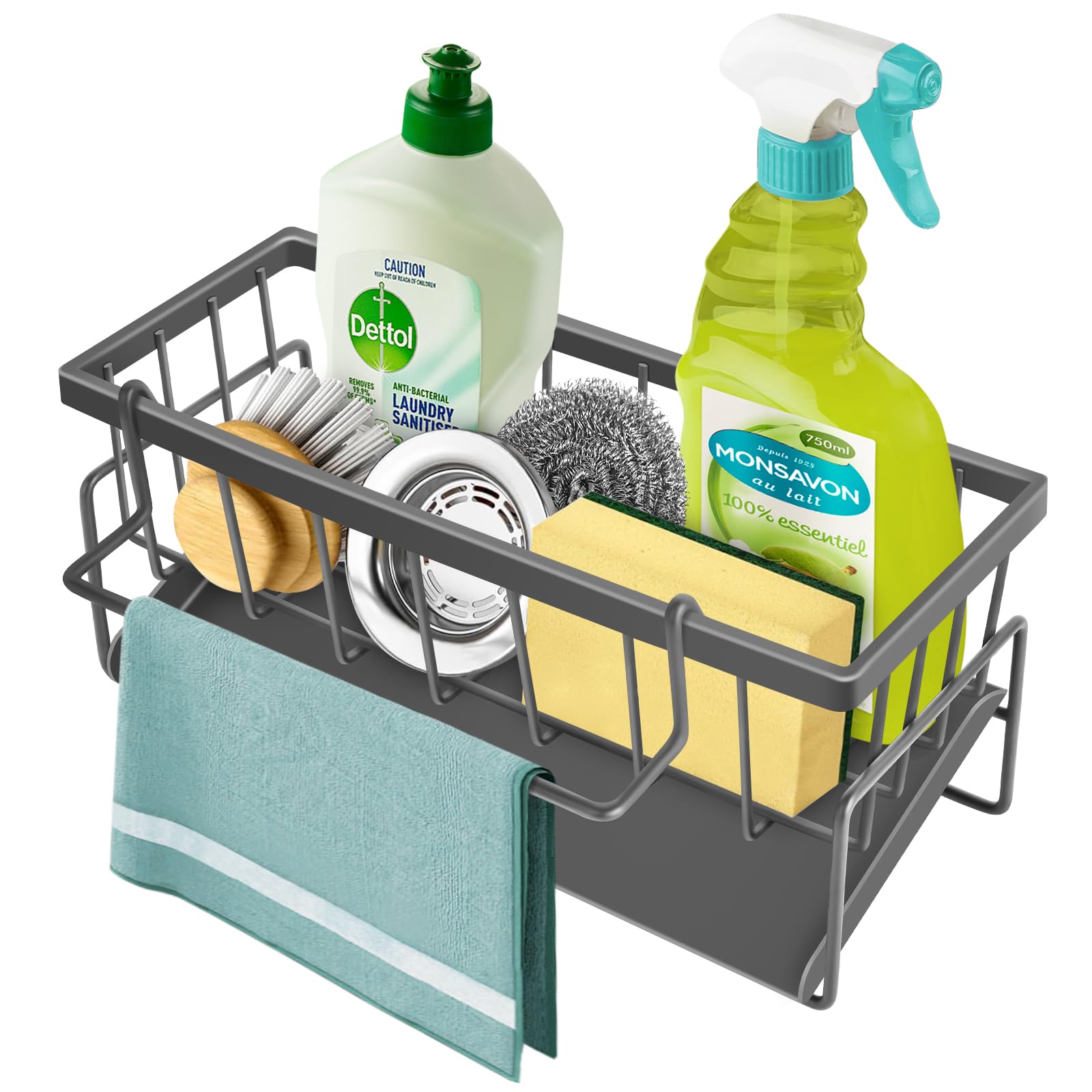TOKPLNU Kitchen Sink Caddy Grey with Self Drain Tray & Dishcloth Hanger,Metal Sponge Holder for Kitchen Tidy Sink Organiser Washing Up Caddy Sinkware Organiser for Bathroom