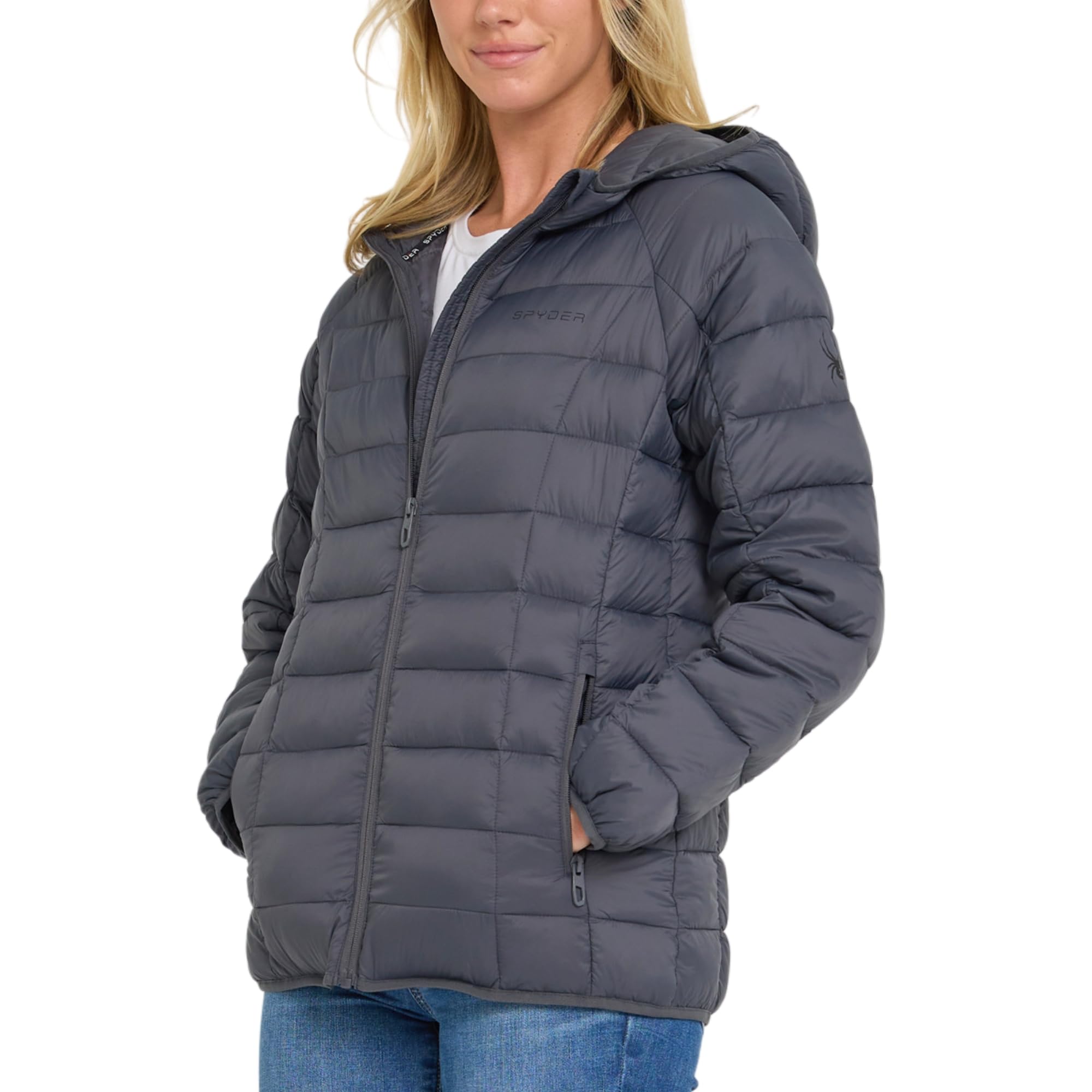 spyder packable puffer jacket womens with hood, lightweight full zip winter quilted womens puffer coat