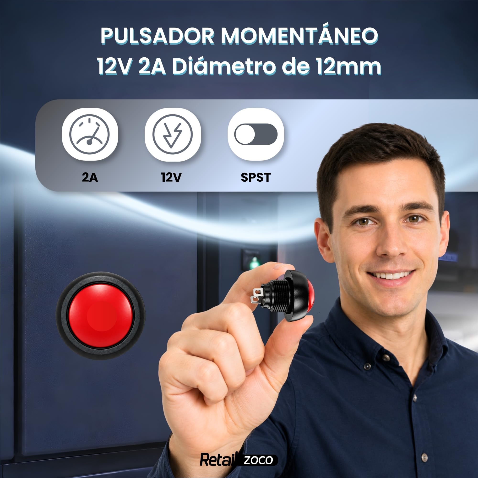 Botón Pulsador Momentáneo, Botón Auto Reinicio, 12V 2A, Rojo, 1 Unidad - imagen 2