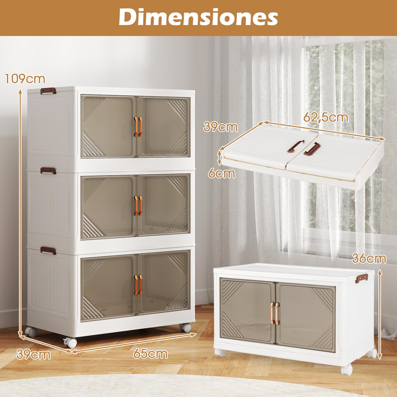 GOPLUS Caja de Almacenamiento Plegable con Tapa 159/212/265 L, Organizador Apilable con 4 Ruedas Universales y Puertas Transparentes, Armario de PP para Almacenaje y Exhibición (3 cajas / 213L)