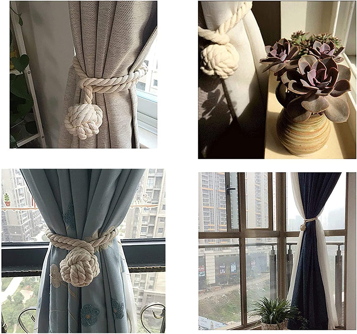 MAKNGRID 6 Pack Rural Curtain Tiebacks, Handmade Curtain Ropes Holdbacks, Natural Cotton Cord Knot Ball Decorative Retro Drapery Tiebacks Tie Band, Beige 3