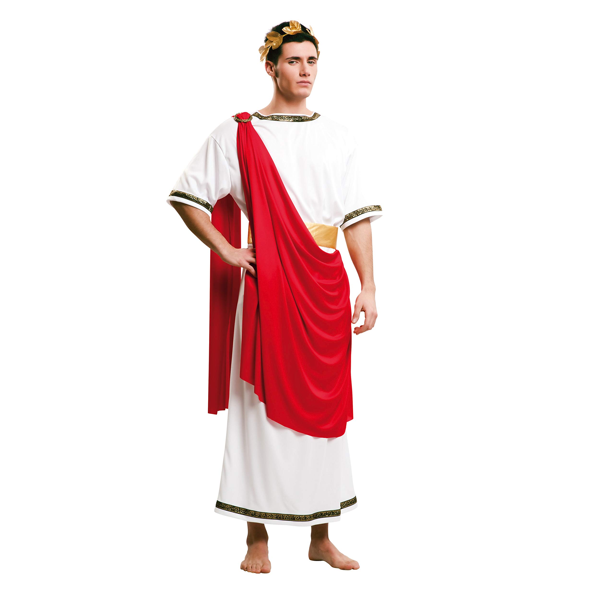 My Other Me - Disfraz César Emperador Romano para Hombre, talla M-L. Incluye túnica blanca con ribetes dorados, toga roja, cinturón dorado y corona de laurel. Ideal para Carnaval y Teatro