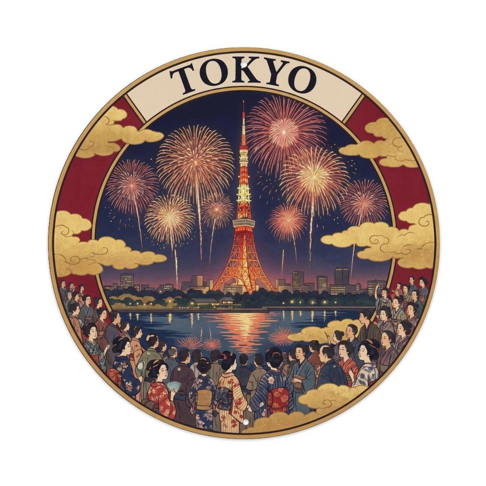Olyhtr 8X8inch Classic Style Tokyo Tower Festival Fireworks Summer Japan Yamato Gold Metal Tin Sign