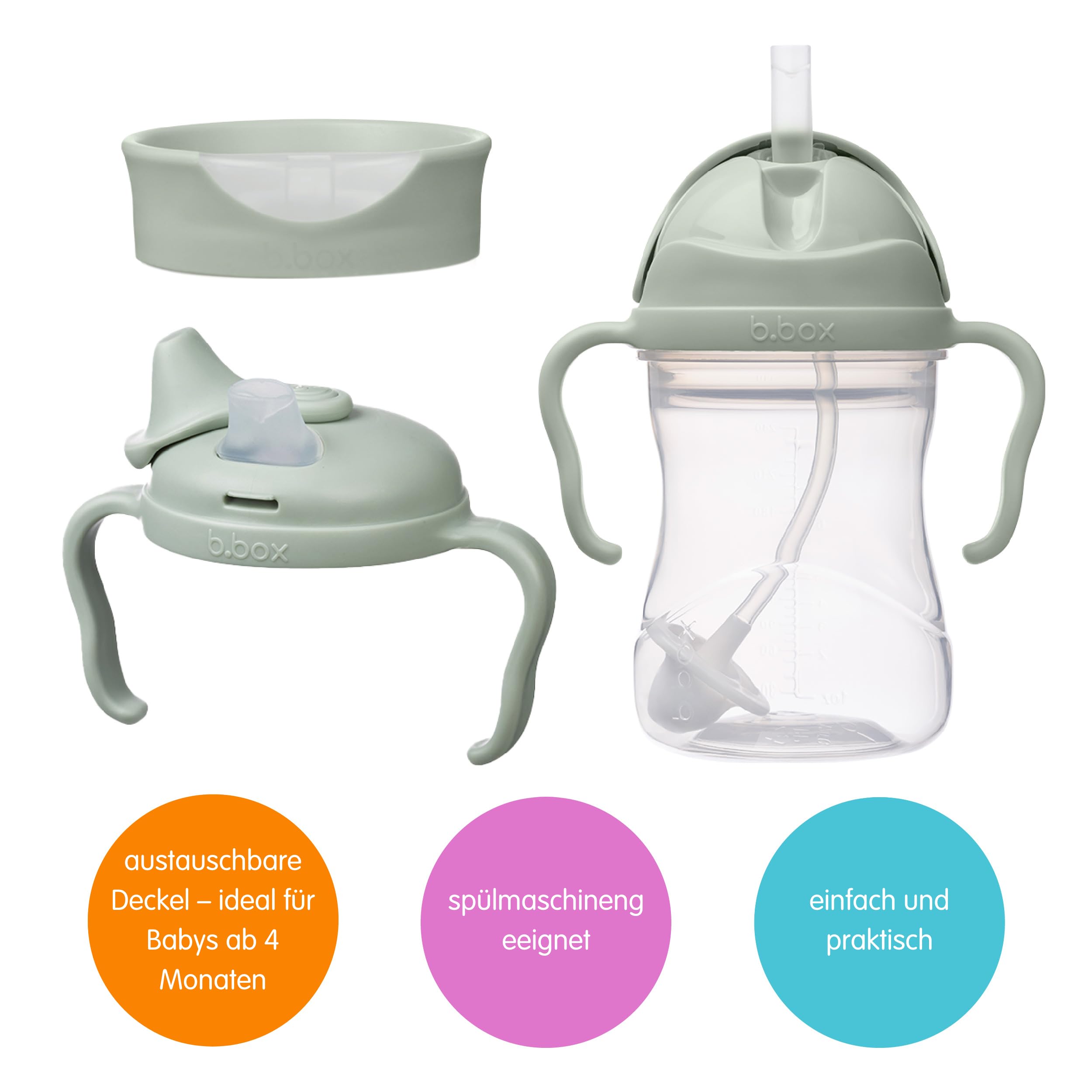 b.box Kleinkind 3-in-1 Vorteilspaket | Ein Becher, drei Deckel zur Unterstützung der Trinkentwicklung von Babys und Kleinkindern. BPA-frei, spülmaschinenfest | Ab 4 Monaten | 240 ml
