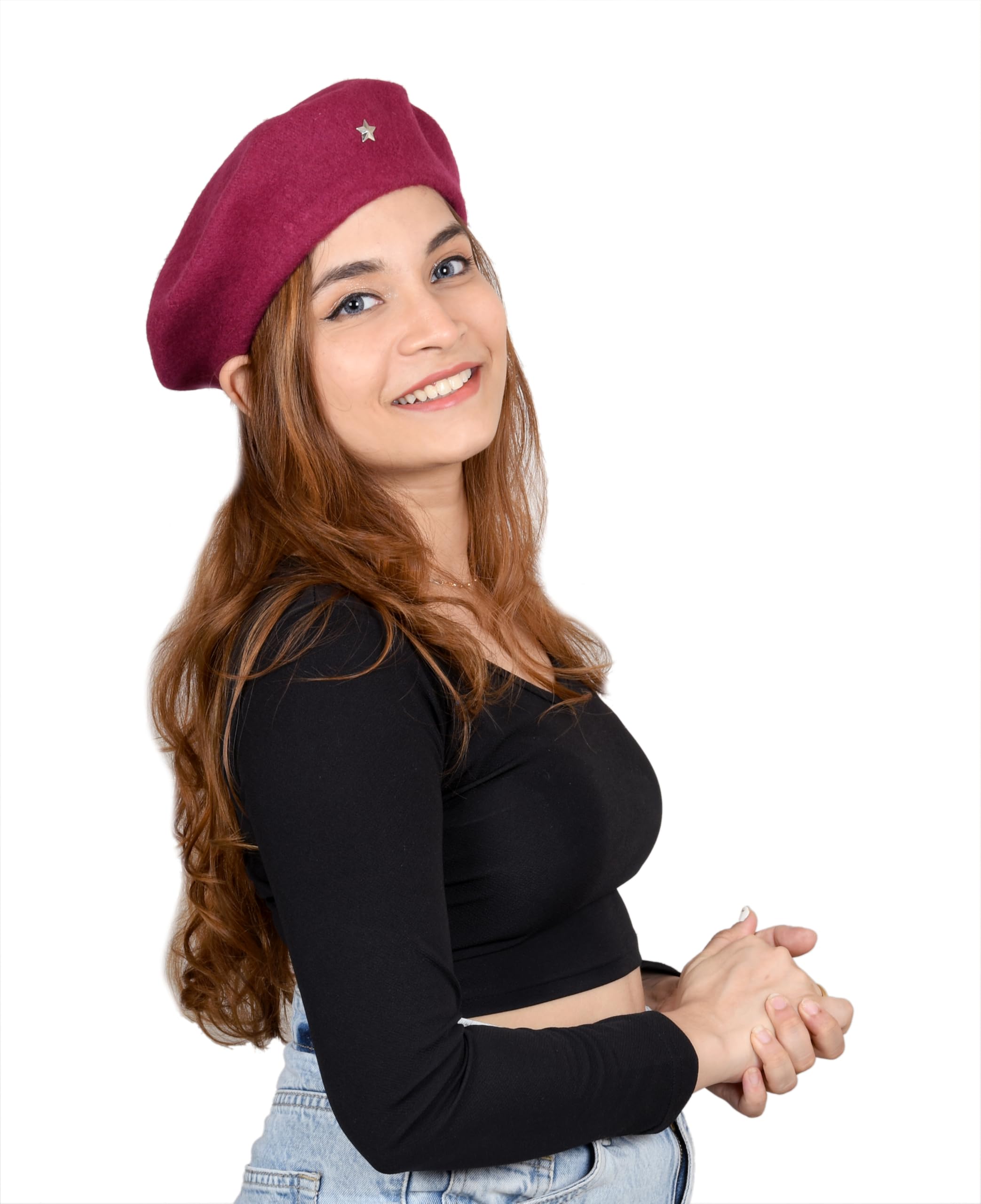 SOUL eTHICS Women's Premium Wool Blend French Artist Beret Cap - Stylish, Warm & Classic - Elegant Winter Beanie Hat for Girls & Ladies -Free Size (in, Alpha, Free Size, Dark Pink, Star) - Image 5 thumbnail