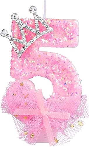 Velas de número de cumpleaños, velas de malla con lazo de corona de 2.95 pulgadas, velas de números rosas con purpurina, velas de cumpleaños con