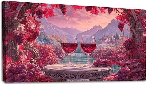 20"x 40" Canvas Wall Art Dreamy Vineyard Sunset Vintage Wine Glasses Rolling Hills Framed Pictures Painting Prints Large Wall Art for Living Room