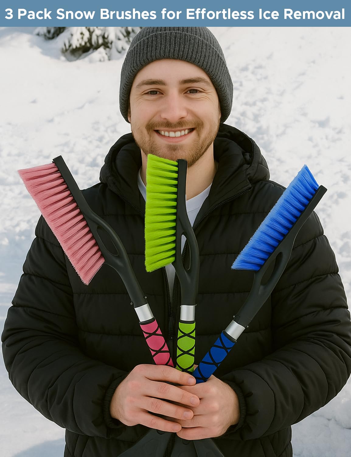 Autovir Cepillo de Nieve y raspadores de Hielo de 27 Pulgadas para Parabrisas de automóvil (Paquete de 3), raspador de Ventana con Agarre ergonómico de Espuma, eliminación de Nieve para automóvil,
