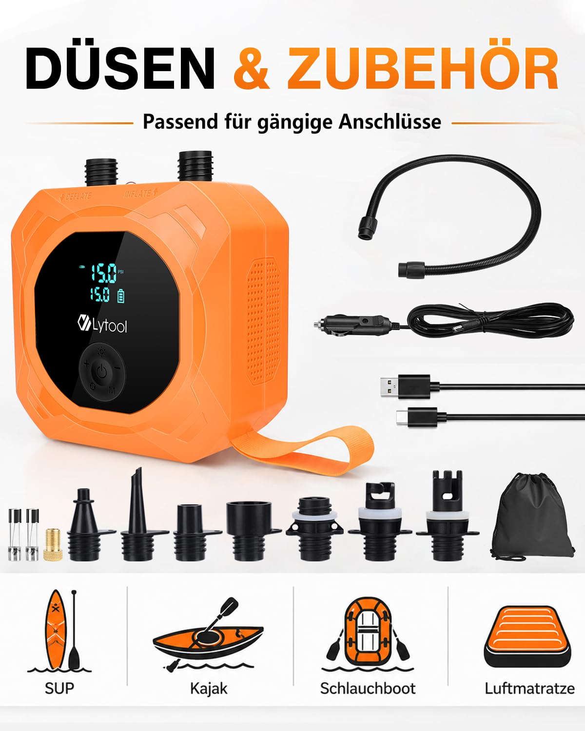 Elektrische SUP Pumpe (optional mit Akku / 12V KFZ-Anschluss) - Lytool 50 PSI Hochdruck Kombi-Luftpumpe mit Auto-Off für Stand Up Paddle Boards, Boote, Kajaks, Auto- und Fahrradreifen