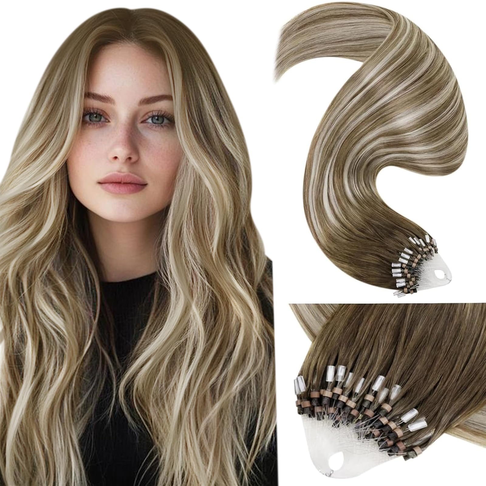 LaaVoo Micro Loop Hair Extensions Real Human Hair Balayage Light Brown Ombre Blonde Micro Ring Hair Extensions Human Hair Long Straight for Women 24 Inch Microlink Hair Extensions Human Hair 50g 1g/s