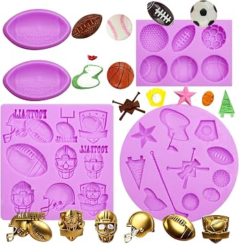 Football Cake Pop Mold, 5 Pack Sports Ball Rugby Silicone Mold for Cake Decorating, Ice Cream Soccer Ball Molds Baseball Basketball Helmets Design, Dishwasher Safe for Chocolate Candy Clay