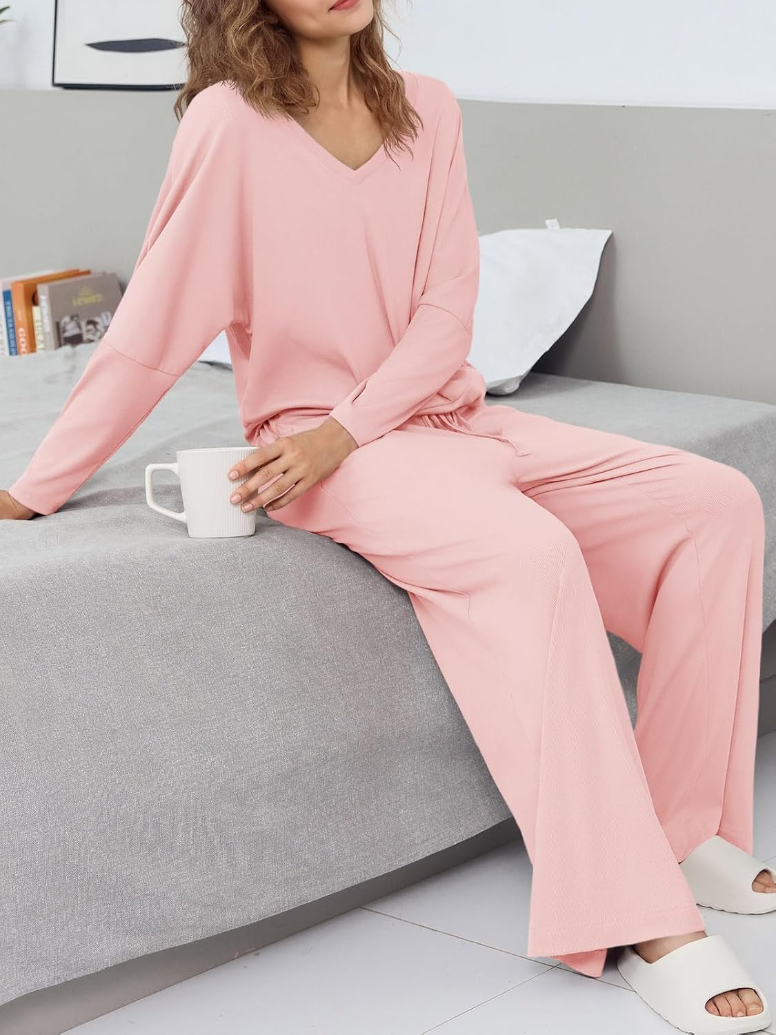 Tankaneo Womens Pajama Sets Off The Shoulder V Neck Top Wide Legs Pants Ribbed Lounge Sets 2025 Casual 2 Piece Outfits - Image 5