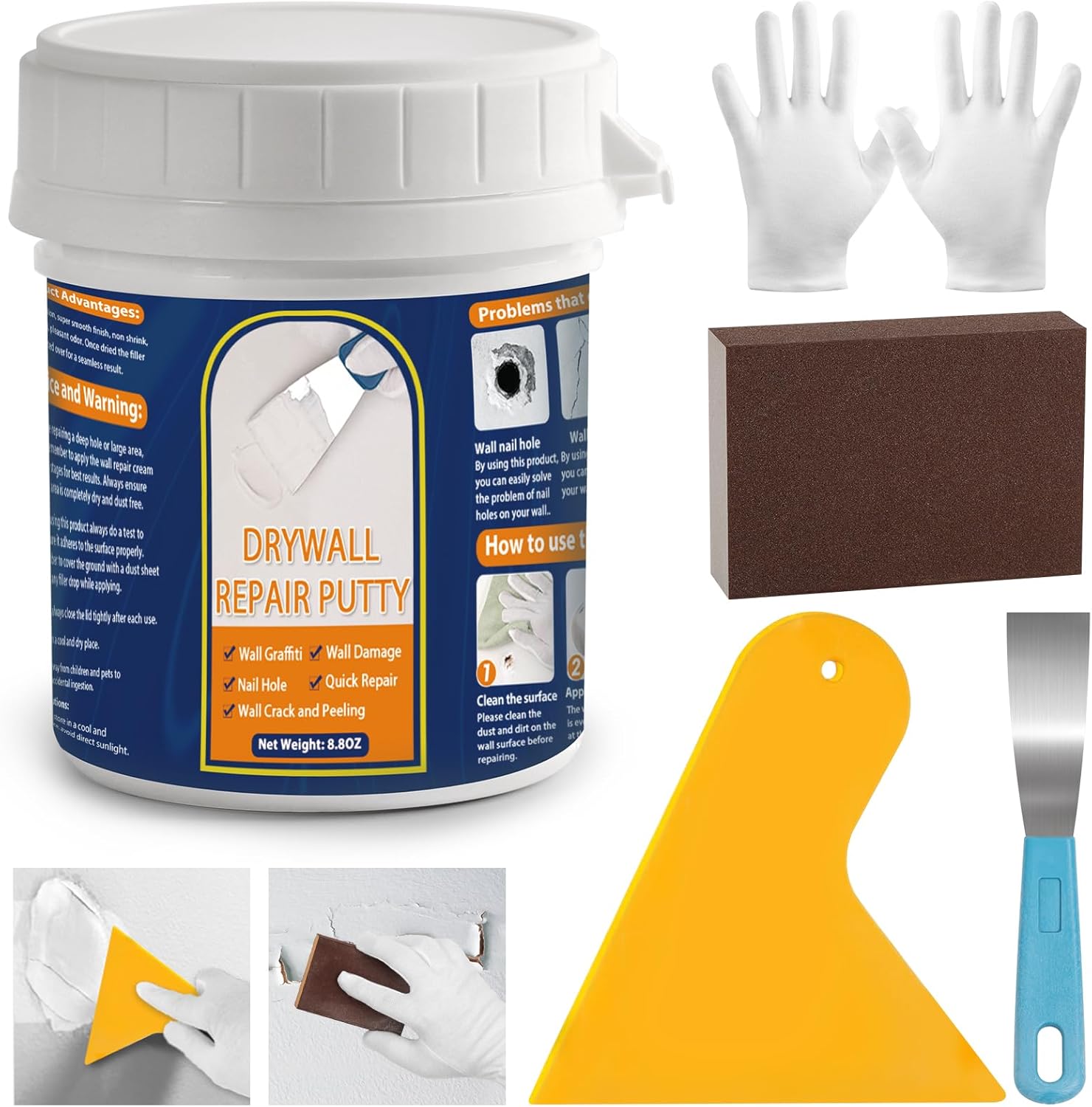 Drywall Repair Kit 8.8OZ Spackle Wall Repair Kit with Scraper Sanding Pad to Quick Fix Wall Surface Holes and Creak Damage Wall Mending Agent for Home Wall Putty Plaster Dent Wood Scratch Repair
