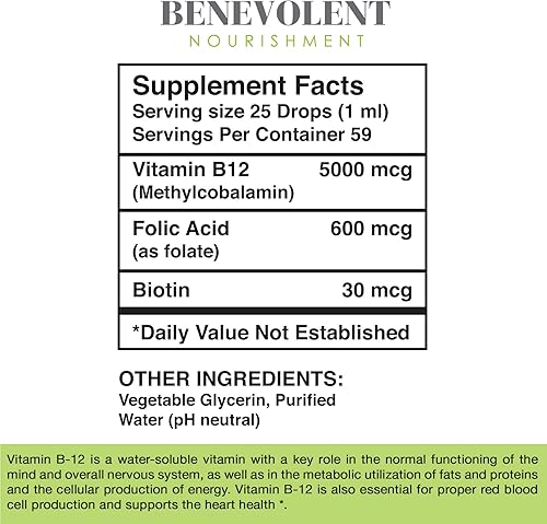 Miniatura 2 de Fórmula de gotas líquidas de vitamina B12 potente y eficaz 5000 mcg por porción con ácido fólico y biotina fórmula sublingual deliciosa frambuesa