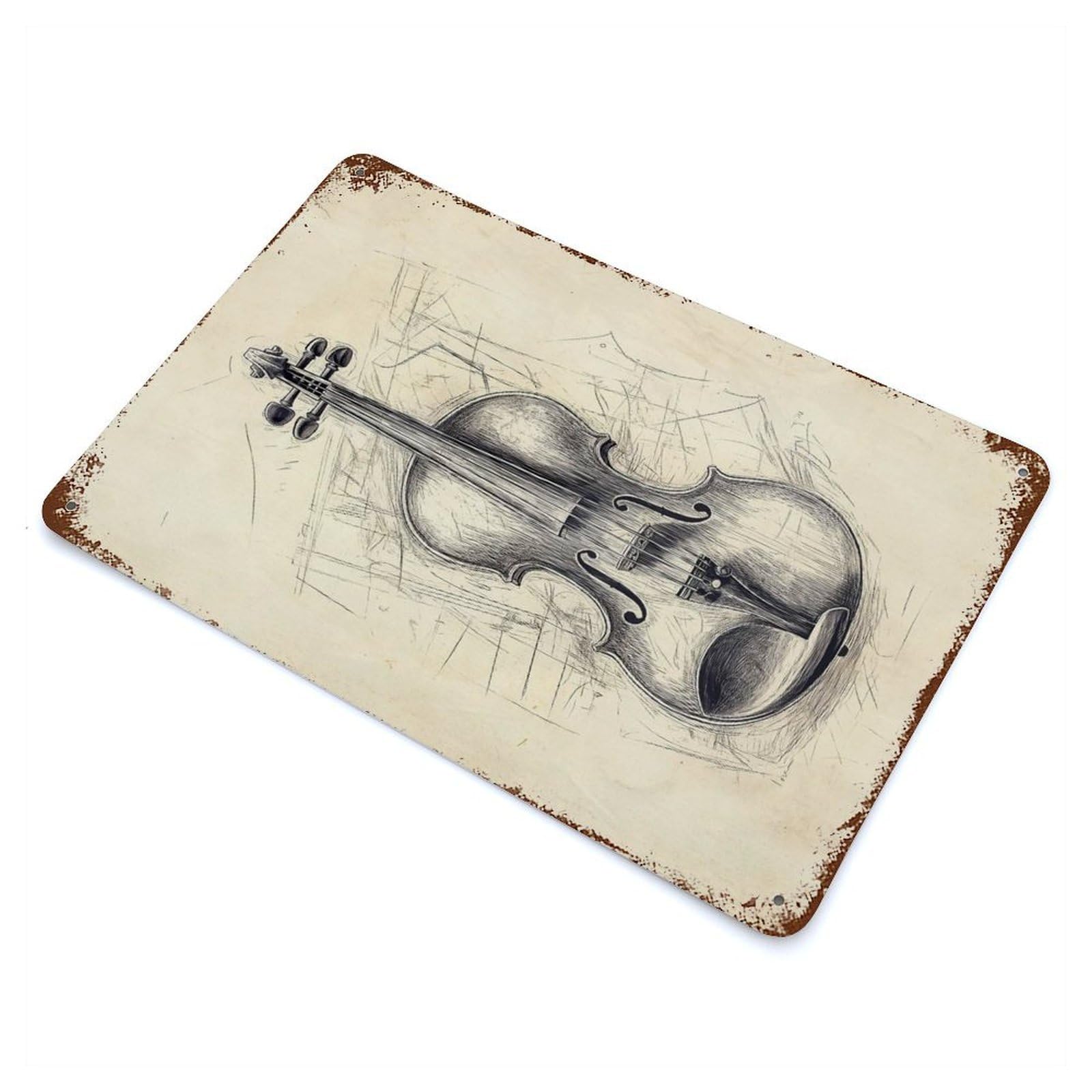 Weathered Tin Sign with Violin Sketch Design 11.8"x7.9", for Basement, Hobby Room And Garage Decor, Industrial Home Decor