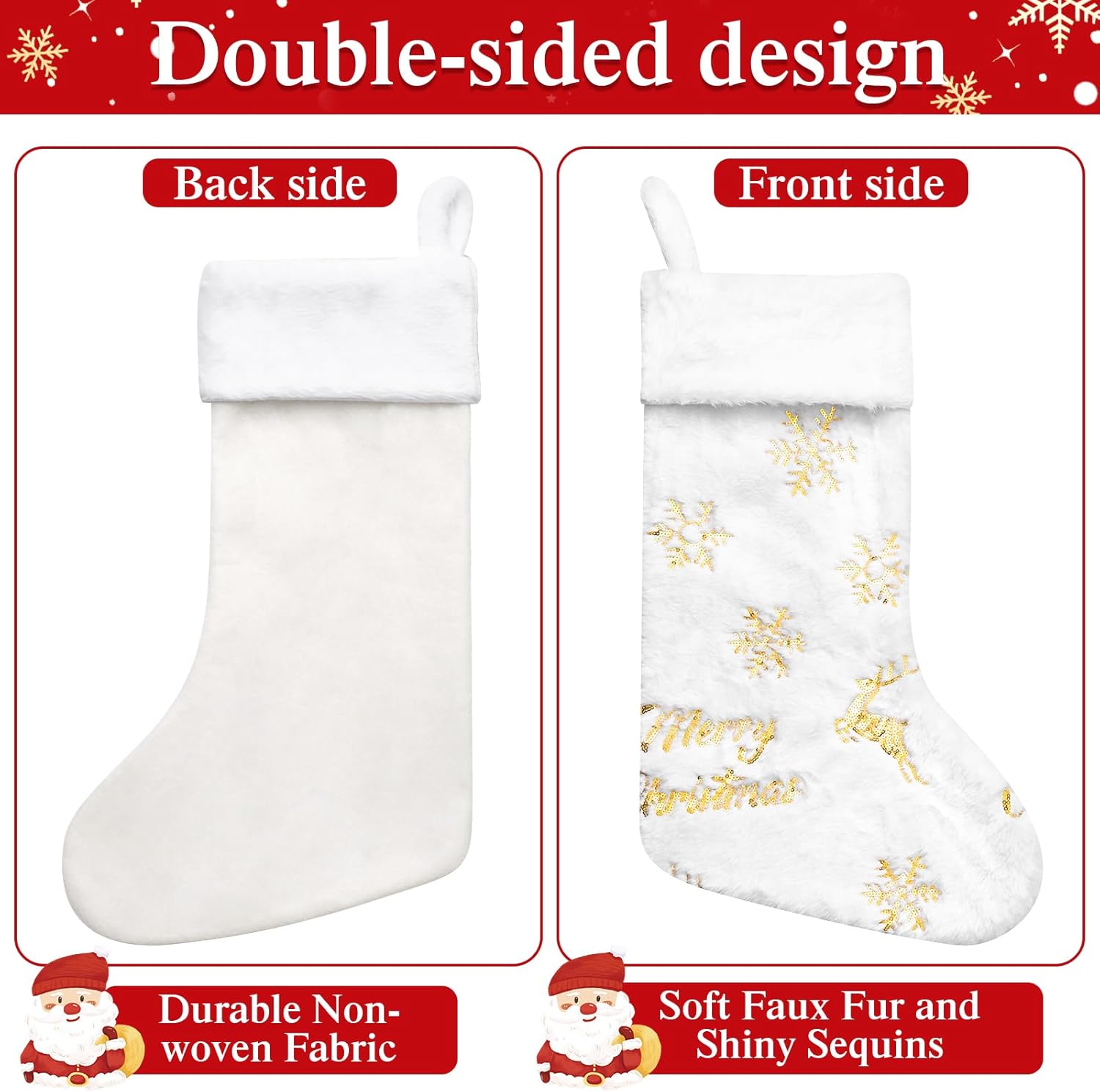 LOMOHOO 4PCS White Christmas Stockings with Gold Sequin Snowflake Reindeer, 20 Inch Large Velvet Plush Soft Faux Fur Xmas Stockings Hanging Ornaments for Fireplace Xmas Tree - Image 4