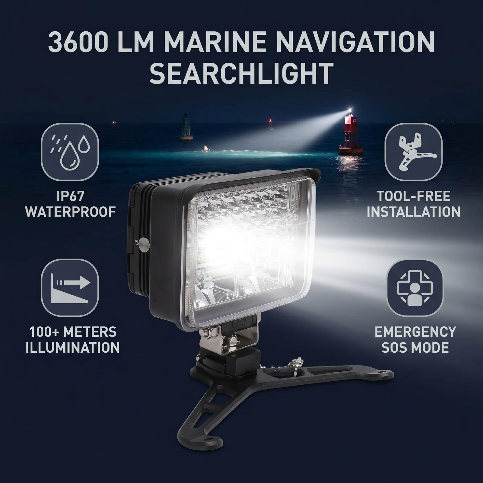 Faro de Búsqueda LED de Barco 3600lm para Propietarios Sea Navegación Nocturna Ilumina 100M Superficie Acuática para Identificación Obstáculos Cubre 50㎡ áRea Muelle