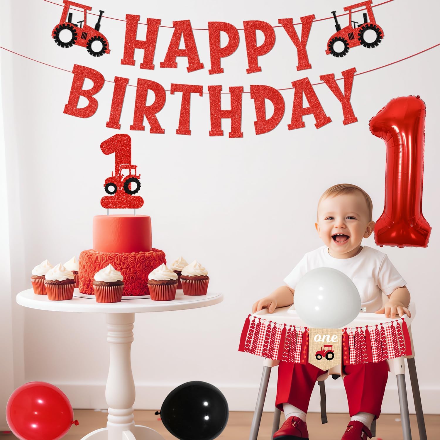 Red Tractor 1st Birthday Party Decorations Farm Tractor Happy Birthday Banner Gold Glitter Tractor Cake Topper Balloons for Kids Boys Girs First Birthday Party Supplies