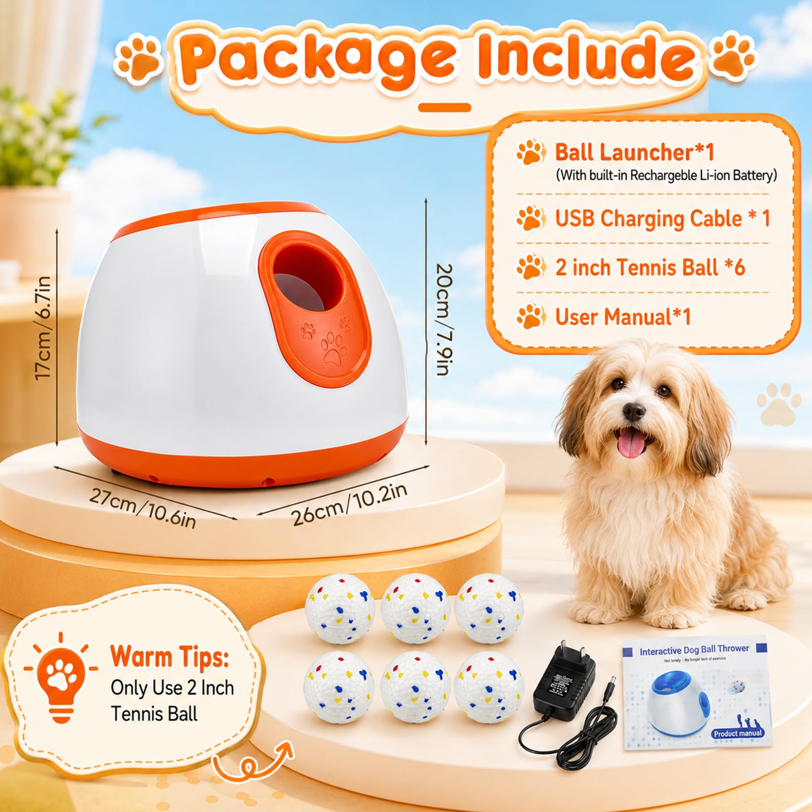 Jouet automatique pour chien avec 3 distances (3-9 m), lanceur de balle interactif pour petits chiens, lanceur de balle électrique pour intérieur et extérieur, 6 balles de maintien incluses, 110-240 V