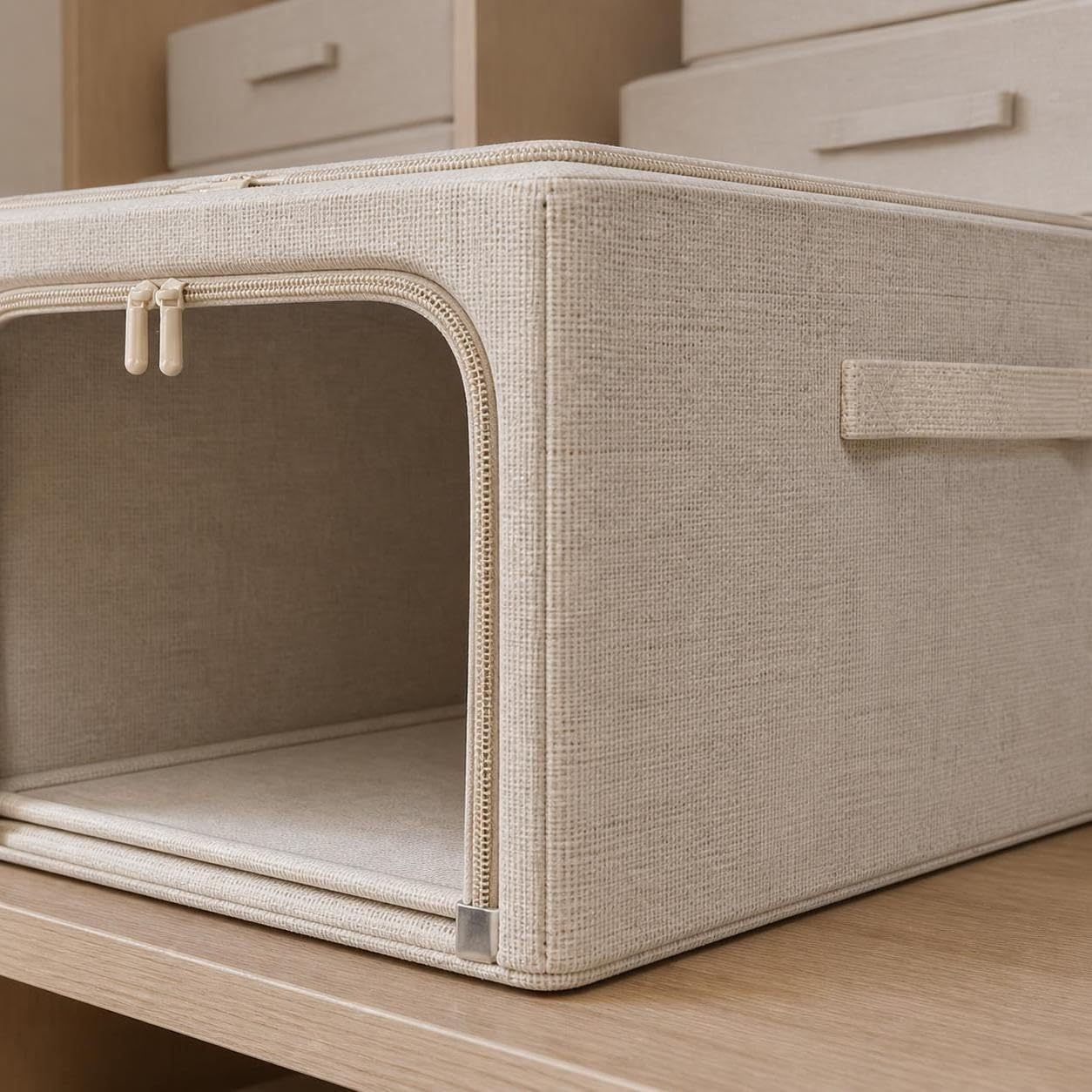 Boîte Rangement en Tissu Pliable, Lin coton 4.0, beige, 60x42x40cm