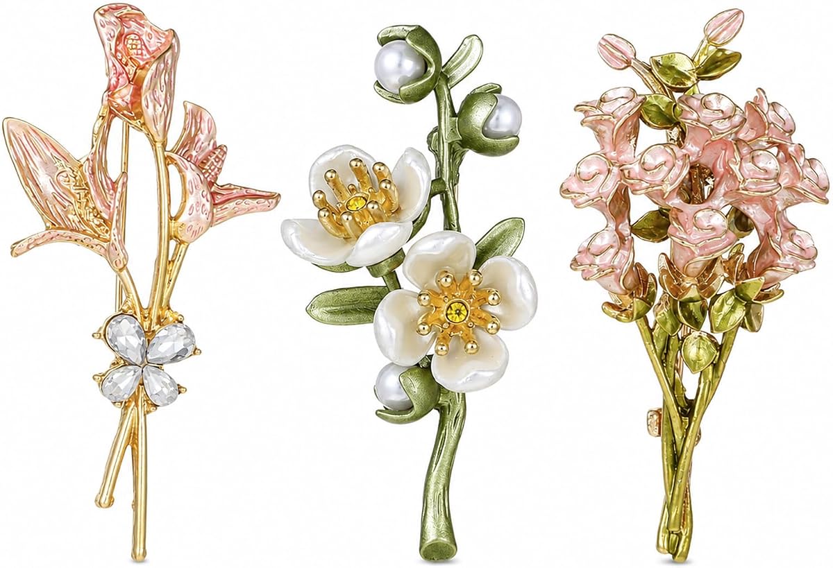3Pcs Vintage Rhinestone Lily Rose Brooch Set