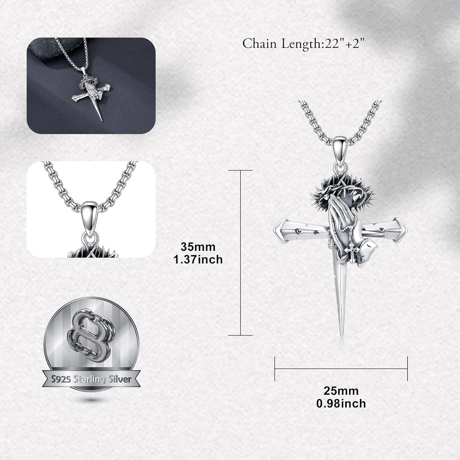 PROESS Praying Hands Cross Necklace 925 Sterling Silver Crown of Thorns Necklace Serenity Prayer Cross Pendant Cremation Jewelry Religious Gifts for Men Christian