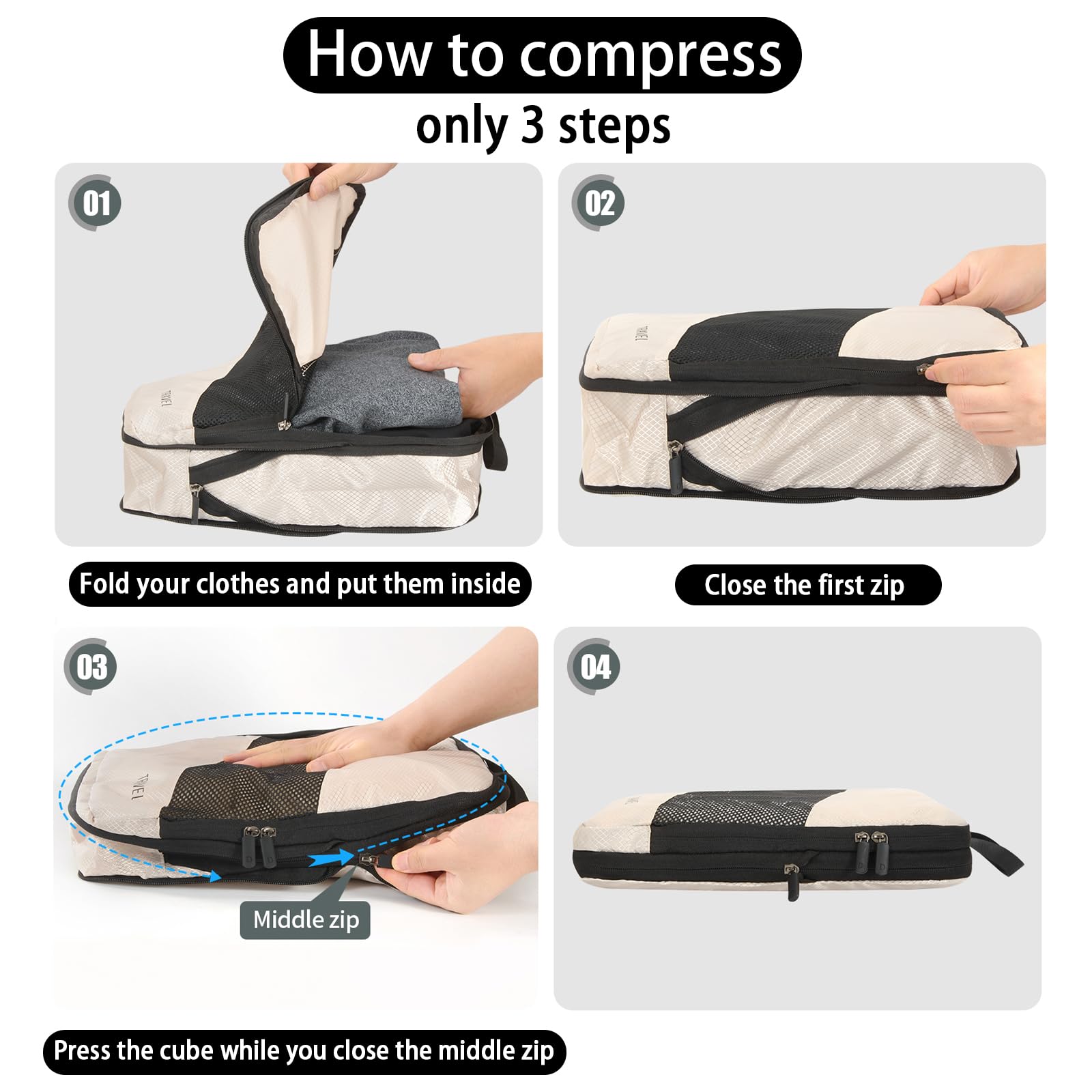 Cubi da viaggio a compressione, leggeri, essenziali per le vacanze, accessori da viaggio per valigie, organizer per valigie, borse da viaggio durevoli (crema)