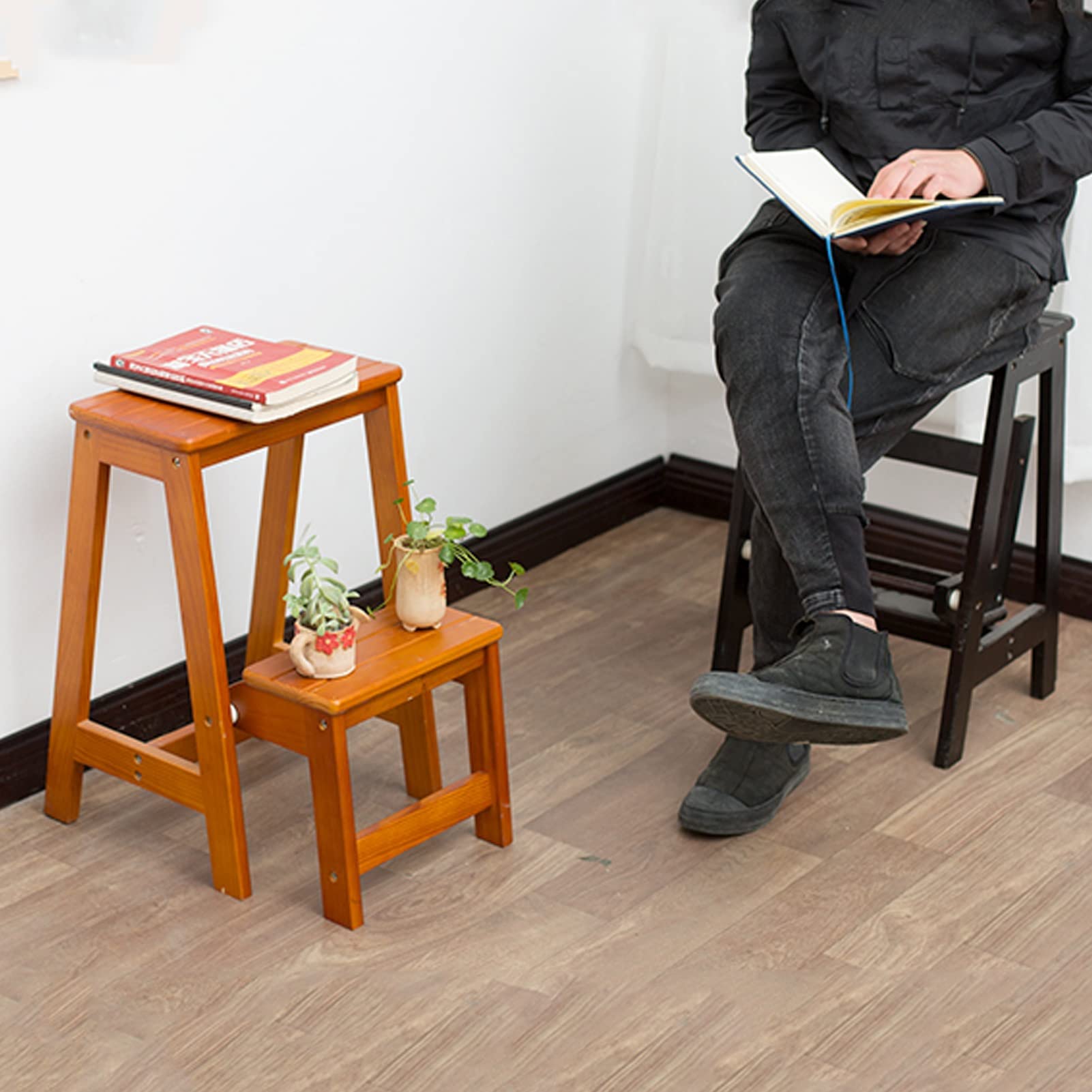 Taburete de 2 peldaños Escalera de Tijera Plegable, Taburete de Silla de mostrador de Madera Banco de Zapatos portátil/Estante de Flores Seguridad Antideslizante Estantería para el