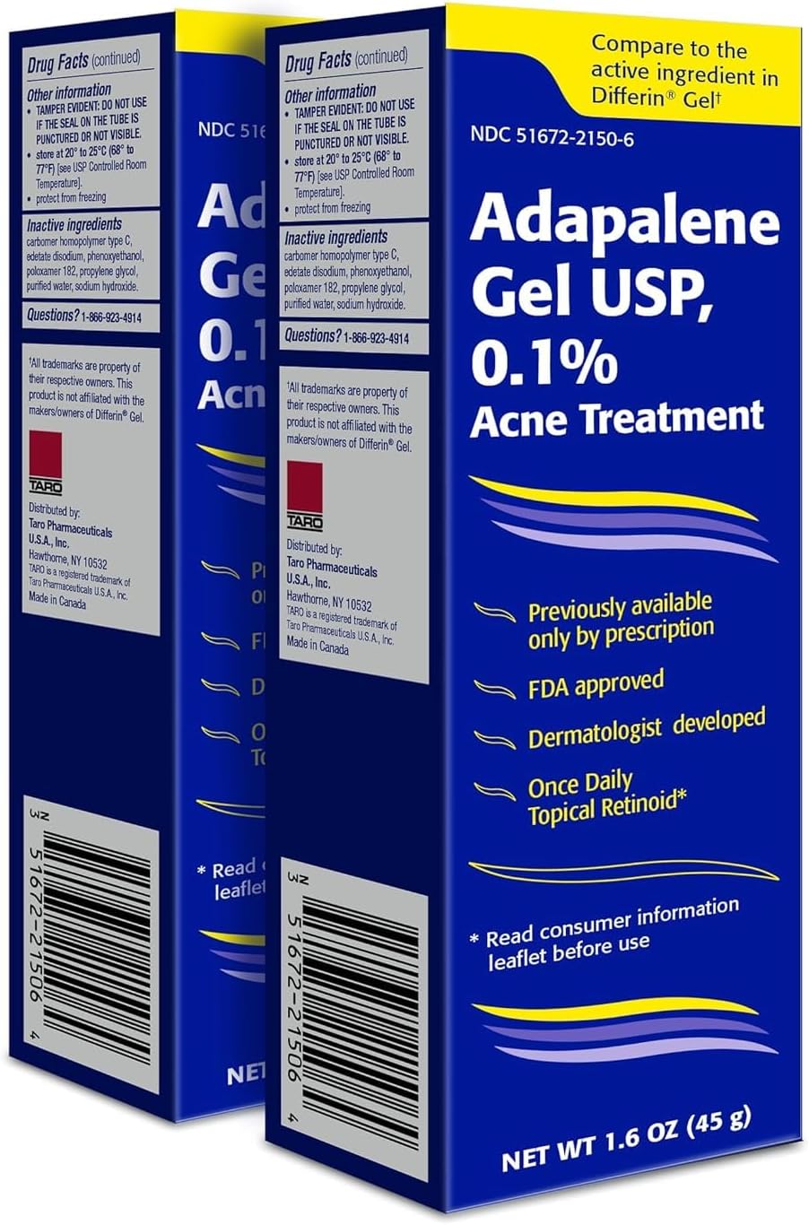 TARO Adapalene 0.1% USP Gel, Paraben Free, Retinoid Acne-Prone Facial Treatment for Sensitive Skin, Prescription Strenght (3.2 oz) Pack of two 1.6 oz each.