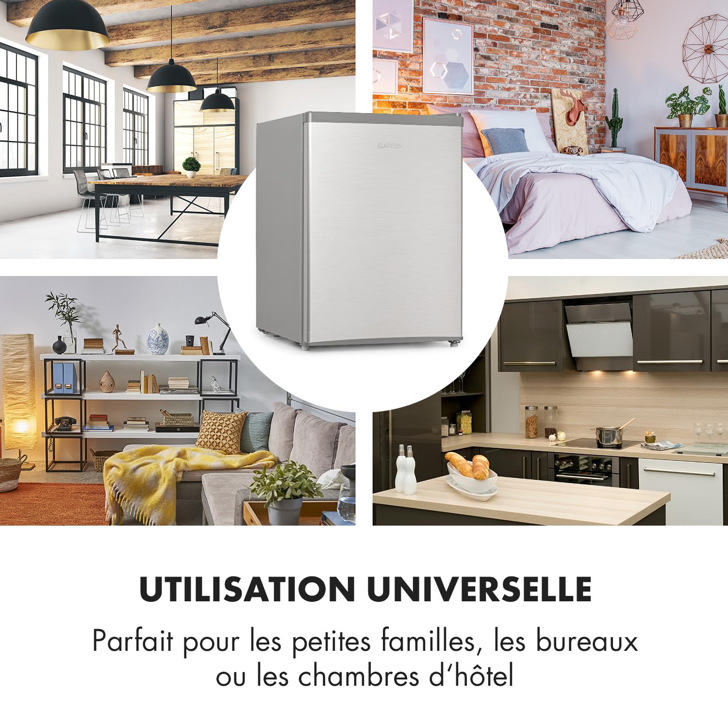 KLARSTEIN Cool Kid - Réfrigérateur à boissons, mini-réfrigérateur, mini-bar, 66 litres, classe d'efficacité énergétique E, 109 kWh/an, sur pied, 45x63x51 cm (LxHxP), 42db, gris argent