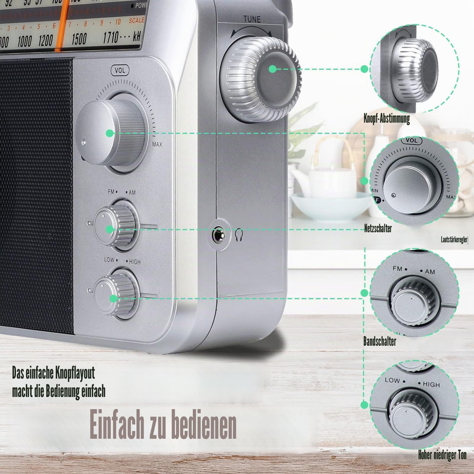 Retekess TR604 AM FM Radio, Tragbares Radio,Netzkabel oder Batteriebetrieb, Großer Knopf, Großer Lautsprecher, Einstellbare Höhen und Bässe, Radios für Senioren,Küche, Für Schlafzimmer