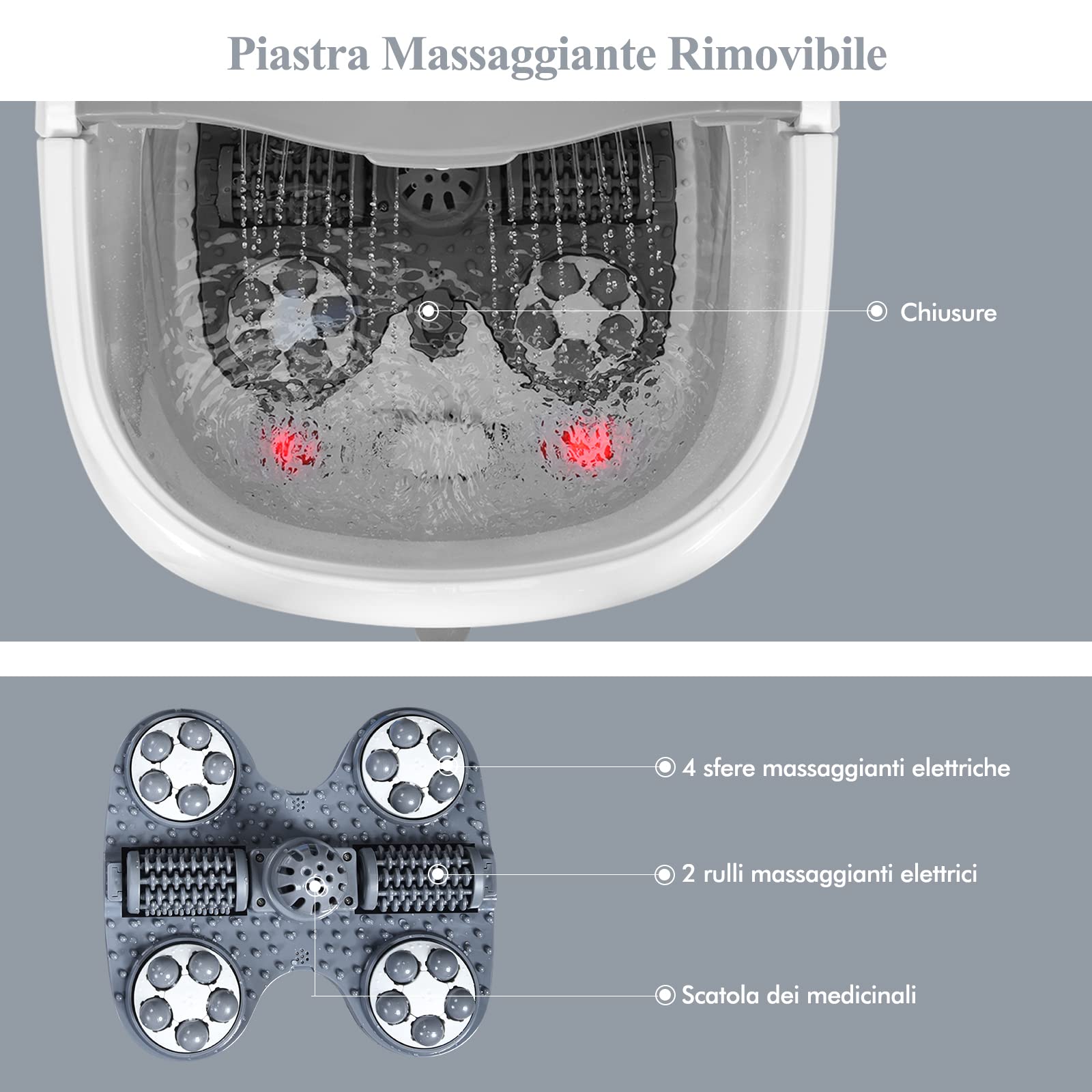 RELAX4LIFE Pediluvio Idromassaggio Elettrico 3 in 1 con Doccia, Riscaldamento Rapido e Mantenimento Temperatura, Sterilizzazione a Infrarossi e Timer 60min, Copertura con Rotelle(Grigio)
