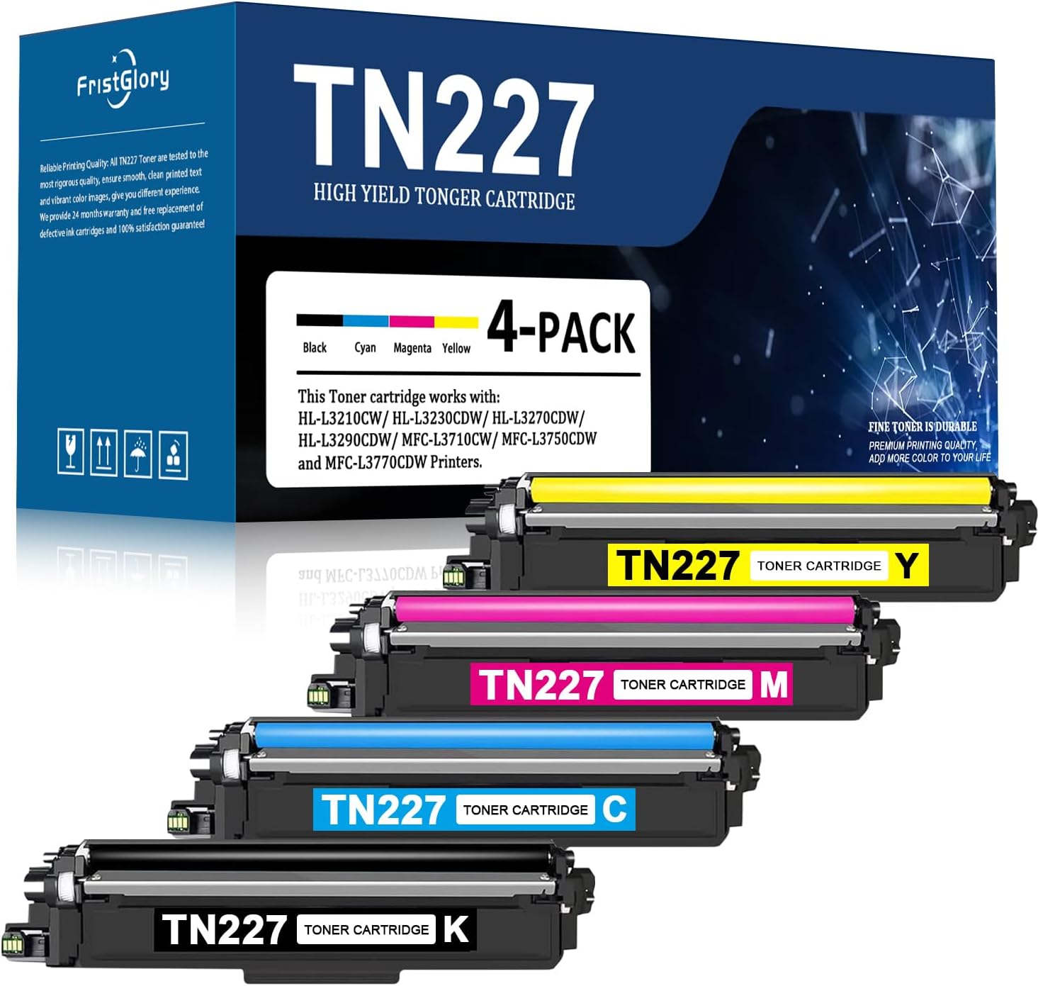 TN227 Toner Cartridge 4 Pack (1BK/1C/1M/1Y) Replacement for Brother TN227C, TN227M, TN227Y, TN227BK Toner Cartridge Compatible for MFC-L3770CDW MFC-L3710CW HL-3210CW HL-3230CDW Printers