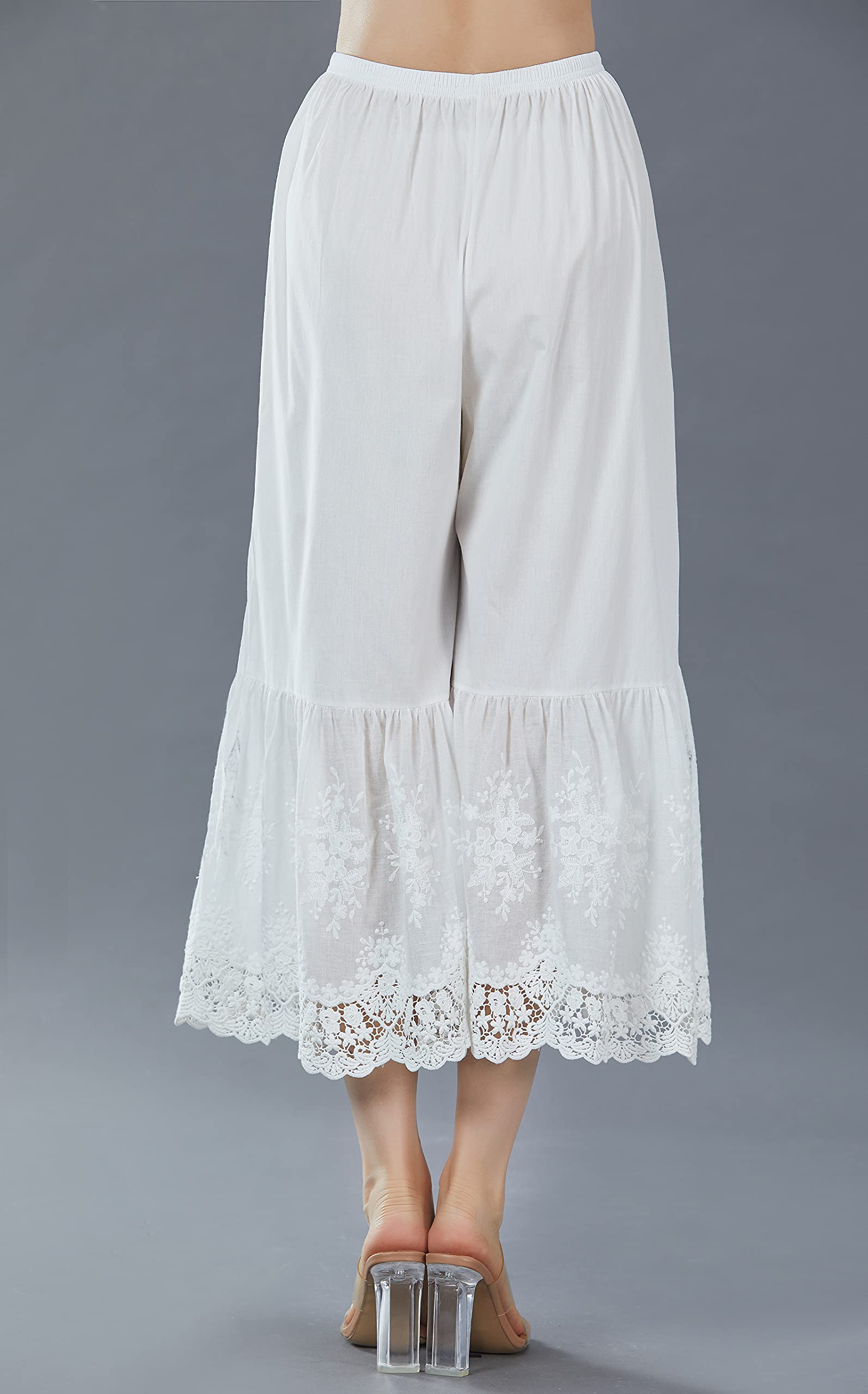 EAUTELICATE Capri Pantalon De Pyjama Femme Été Jupon sous-Jupe en 100% Coton Vintage Pantacourt Longue Ample Évasé à La Maison avec Dentelle Ivoire Crème