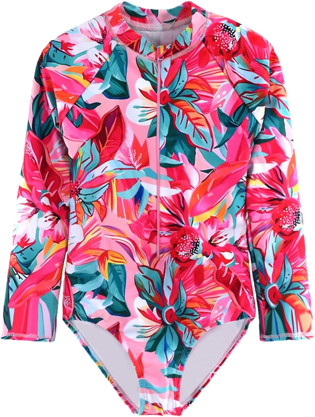 Girls Long Sleeve One Piece Swimsuit Rash Guard Swimwear Zipper Quick Dry Bathing Suits Sun Protection UPF 50+ (Ages 4-12)