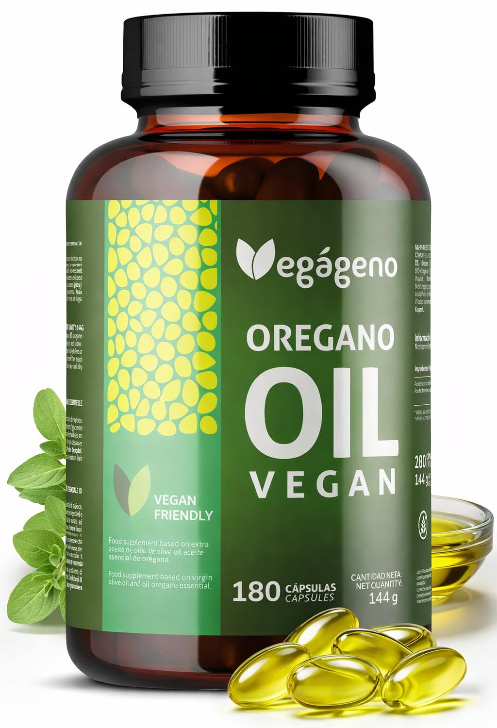 VEGAGENO - Olio Essenziale di Origano | 180 Capsule, 200mg per capsula, con OMEGA 9 Integratore Alimentare a Base di olio Extravergine di Oliva e Olio Essenziale Origano, e Carvacrolo. Adatto Vegani