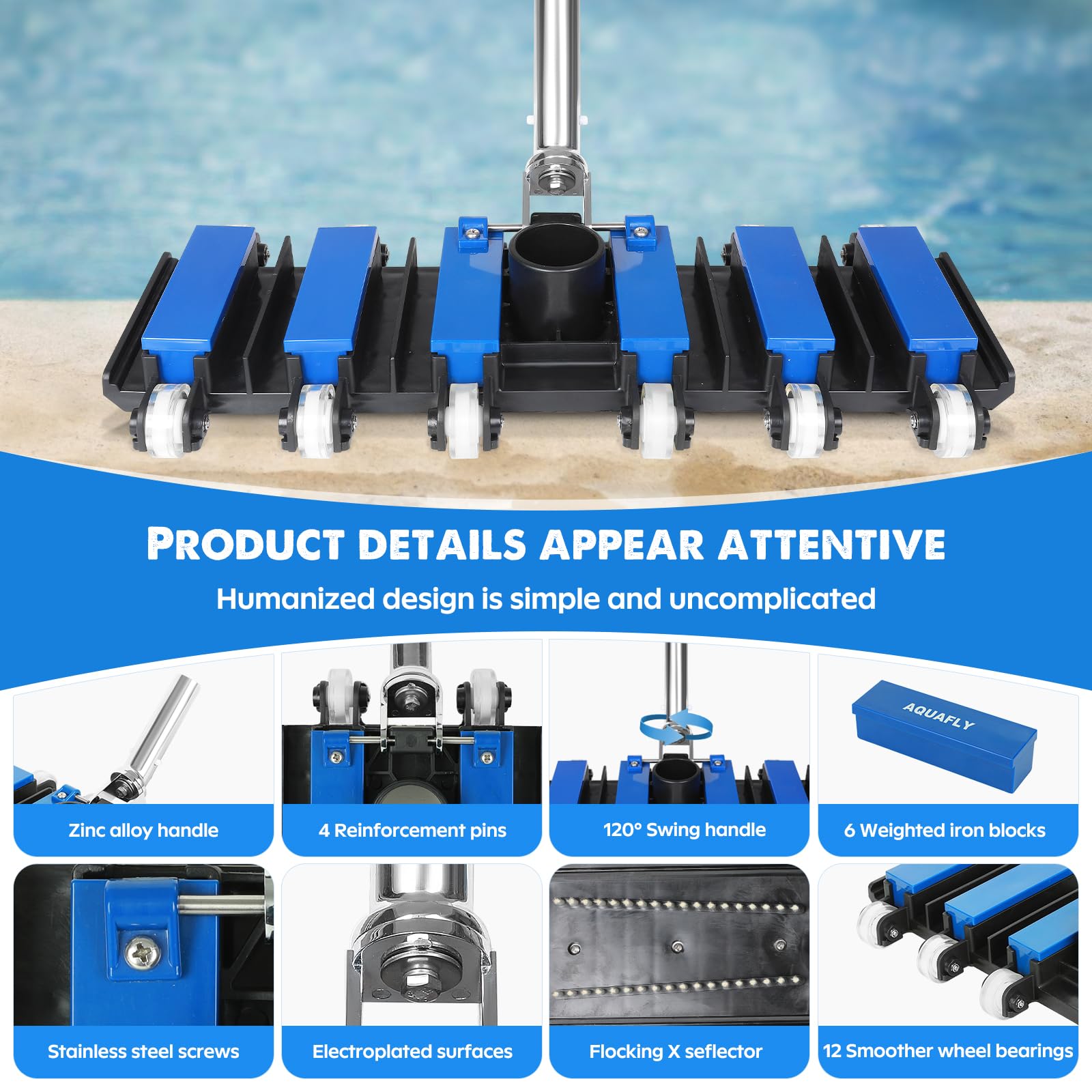 Cabezal de aspiradora para piscina, aspiradora manual para piscinas enterradas y sobre el suelo, cabezal giratorio flexible con cepillo inferior integrado para absorberlo, cepillo de 19 pulgadas