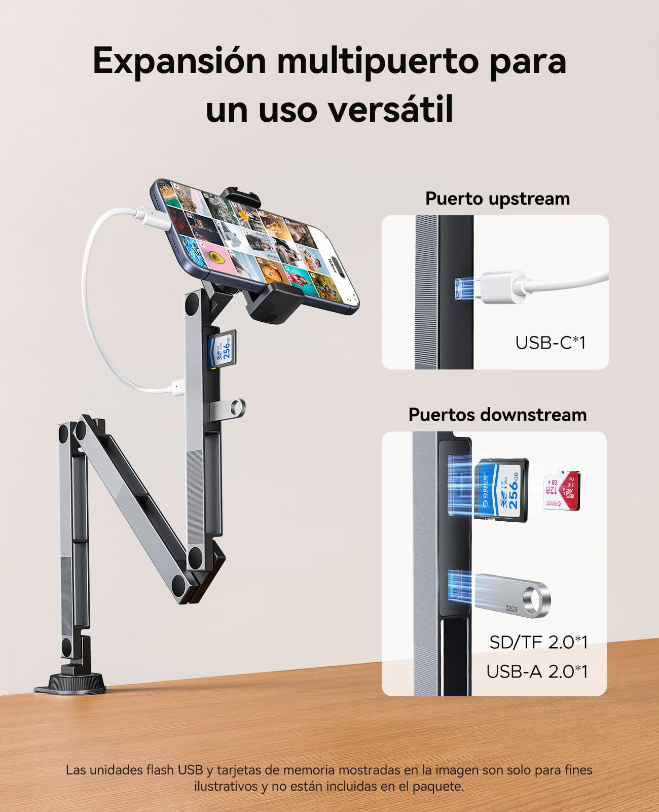 ORICO Soporte para Tablet con hub USB Integrado, Brazo Ajustable de Aluminio para iPad Pro/Air/Mini, Galaxy Tab y Tablets hasta 12,9", teletrabajo y creación de Contenido – RA1-3P, Gris