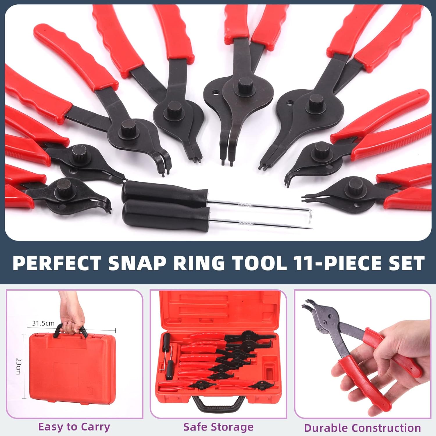 Swpeet 225Pcs Snap Ring Plier Set, 11Pcs Straight & Bent Retaining Ring Pliers With Case, 5 Size External Internal Circlip Retainer Rings Set with Rubber Washer Hook & Pick for Car Trunk Motorcycle