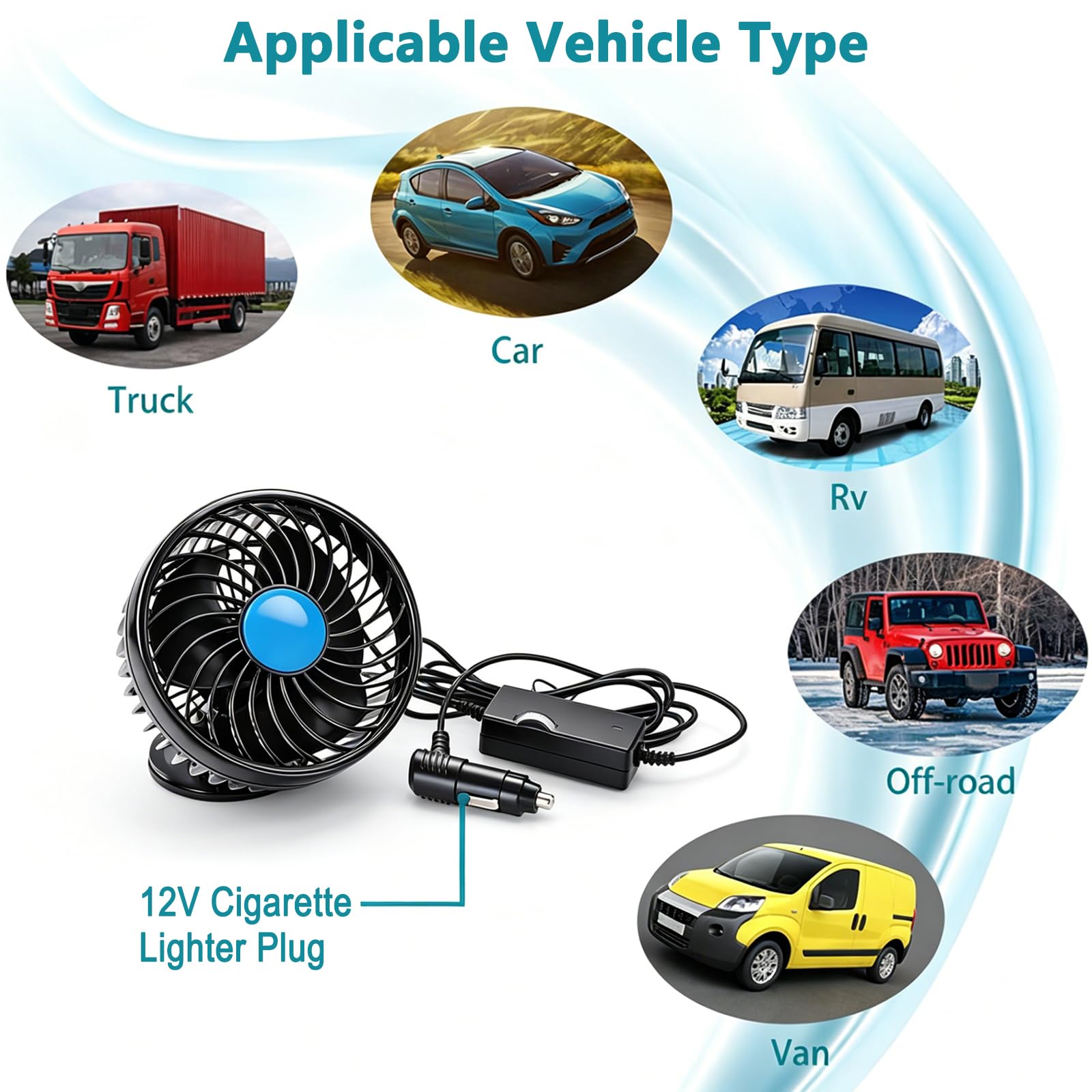 Ventilador Coche 12V con Ventosa, Velocidad Continua, Enfriamiento 360° Ajustable, Ventilador Eléctrico Silencioso 4.5" para Camiones, Furgonetas, SUV, Autocaravanas, ATV y Barcos