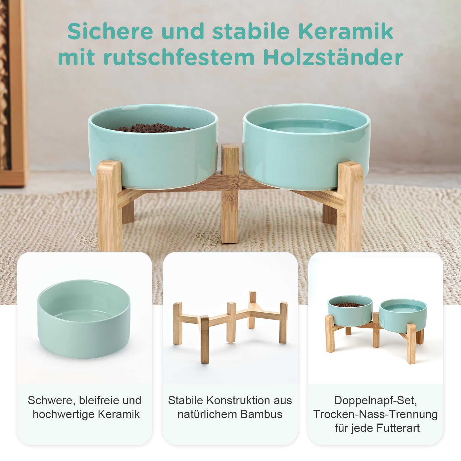 SPUNKYJUNKY Erhöhter Hundenapf Keramik, 15,5 cm Futter- und Wassernapf mit rutschfestem Bambus Ständer für mittelgroße Hunde & Katzen, Spülmaschinen- & mikrowellengeeignet - 850 ml, Hellgrün